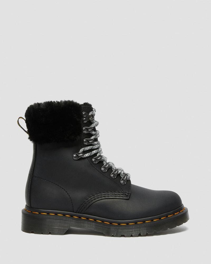 Dr Martens 1460 Serena Collar Faux Fur Forede Snørestøvler Dame Sort | DK 199CTV